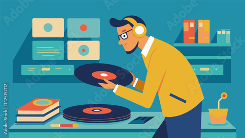 A record enthusiast carefully inspecting their newly cleaned vinyl for any imperfections. Vector illustration