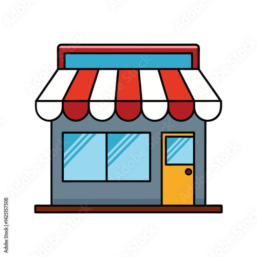 Store vector illustration. Small shop or retail building with striped awning, windows, and door in flat style.