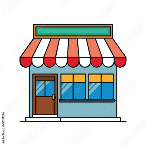 Store vector illustration. Small shop or retail building with striped awning, windows, and door in flat style.