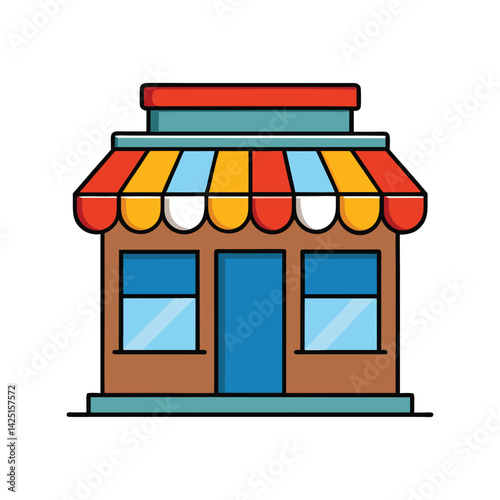 Store vector illustration. Small shop or retail building with striped awning, windows, and door in flat style.