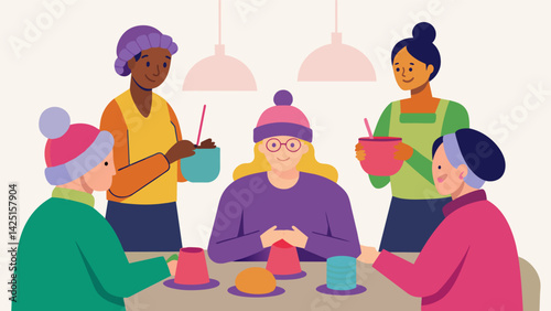 A charity organization holds a knitting event teaching participants how to make hats for the homeless while promoting mindfulness and stress relief.