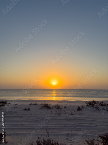 Sunset at the white sands desert also known as Sugar Dunes in Sultanate of Oman