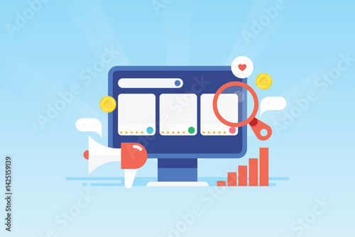 Digital marketing strategy, content promotion, SEO and SMO, web analytics and internet advertising concept.