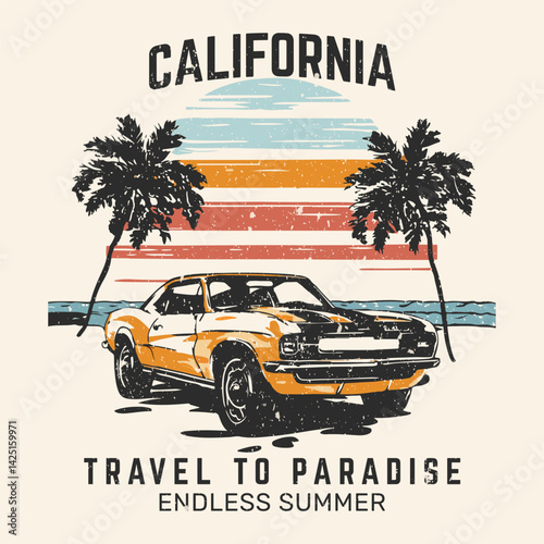 california beach street vector illustration for summer print design. summer slogan with beach illustration, Hawaii, Aloha surf typography for t-shirt print , beach vector print,  print design 

