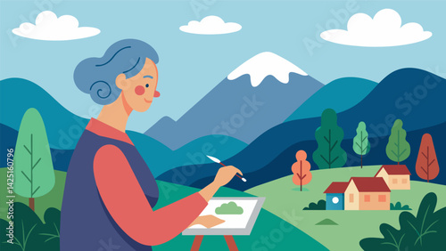An elderly woman paints a beautiful landscape having found relief from her chronic arthritis pain through ketamine infusions allowing her to once.
