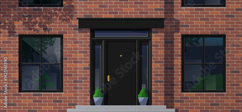 modern brick house facade with entrance door and windows potted plants exterior front view vector illustration