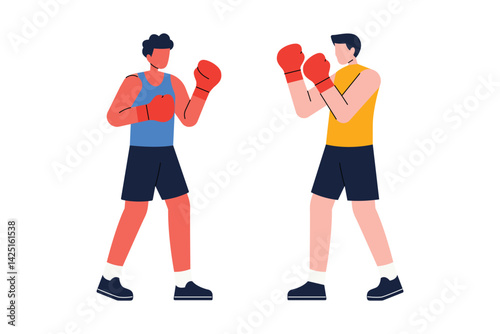 The sport of boxing. Two male boxers facing each other in a sparring stance flat vector illustration