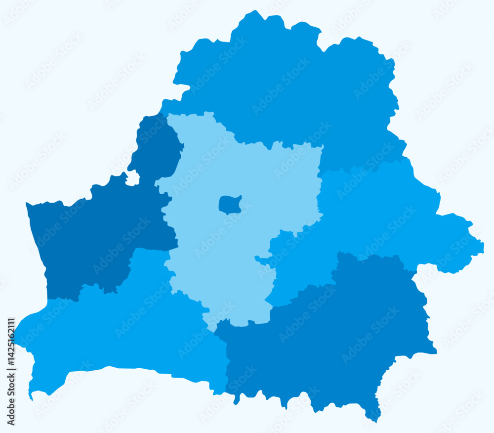 Map of Belarus with regions. Just a simple country border map with region division. Light blue color palette. Plain Republic of Belarus shape with administrative division. Vector illustration. Map of Belarus with regions. Just a simple country border map with region division. Light blue color palette. Plain Republic of Belarus shape with administrative division. Vector illustration.