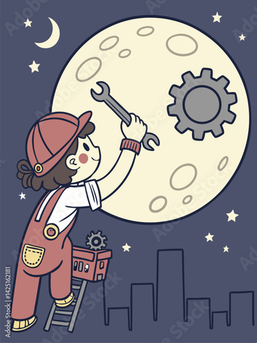 Cartoon Mechanic Fixing the Moon: Whimsical Illustration of a Girl with a Wrench, Night Sky, Stars, and Cityscape, Cute Art