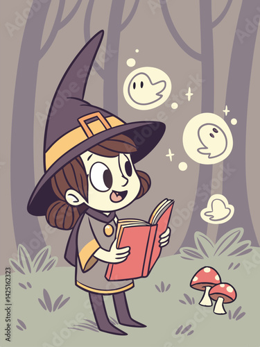 Cute Cartoon Witch Reading Spellbook in Forest with Ghosts, Whimsical Illustration, Halloween Theme