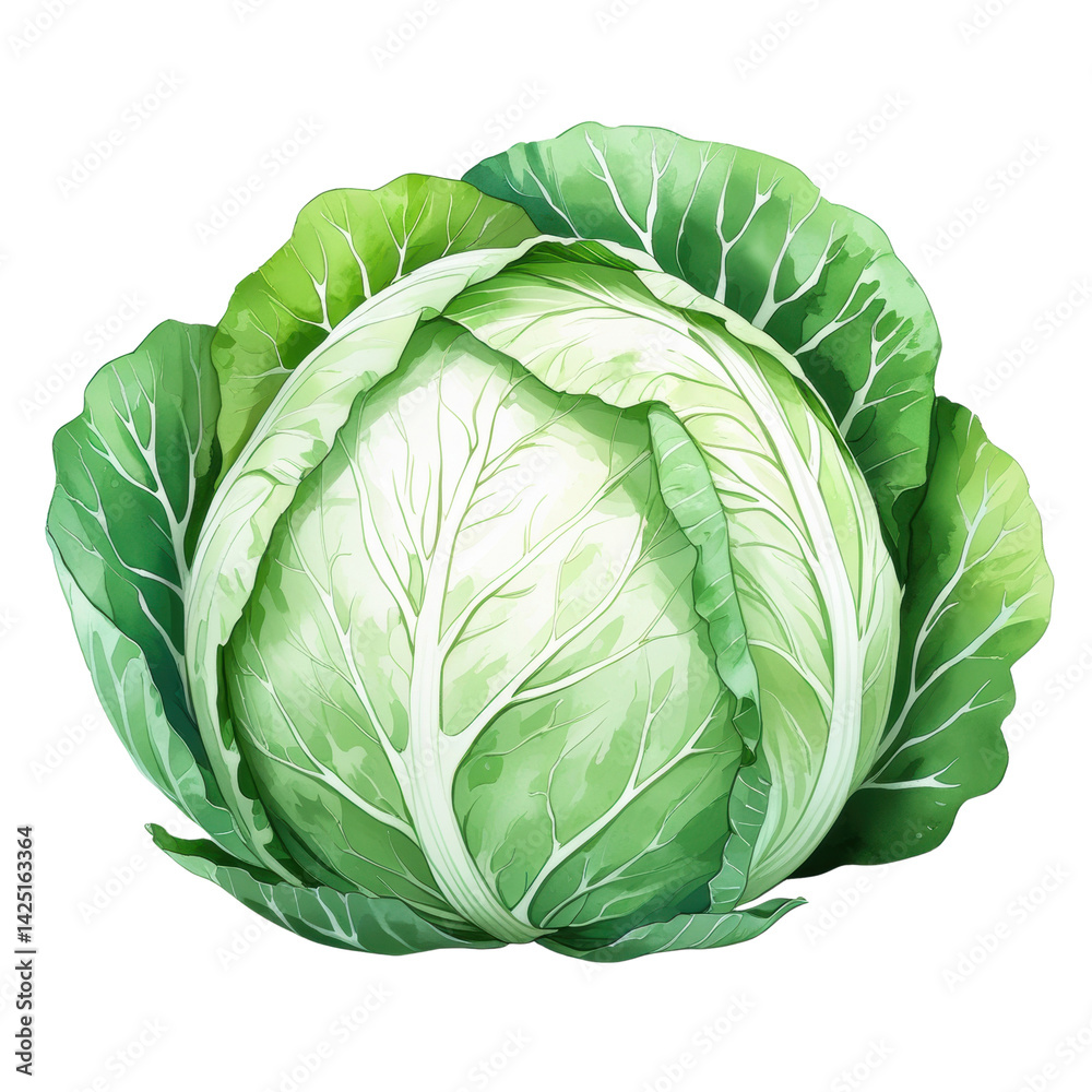 Obraz premium Fresh whole green cabbage vegetable digital illustration with detailed leaves and natural texture, isolated on a transparent background, PNG, cutout