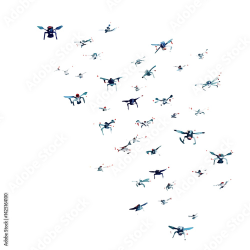 Drone swarm flying in formation, watercolor illustration, isolated on a white background.


