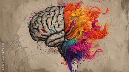 Anatomical Brain Drawing with Color Fluid Splashes