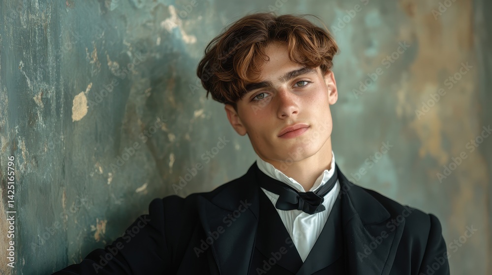 Naklejka premium Stylish young man in a classic suit, posing in front of textured wall. Suits marketing, fashion designs, or vintage themed projects are suitable.