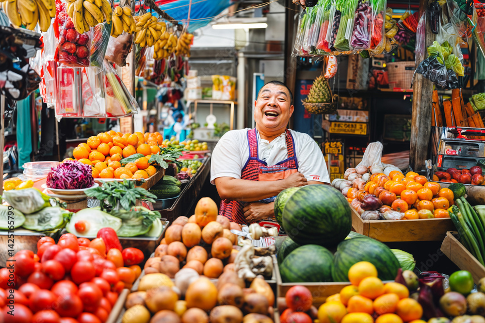 A smiling man stands behind a vibrant fruit and vegetable stand, filled with a variety of colorful produce including bananas, oranges, watermelons, tomatoes, and more