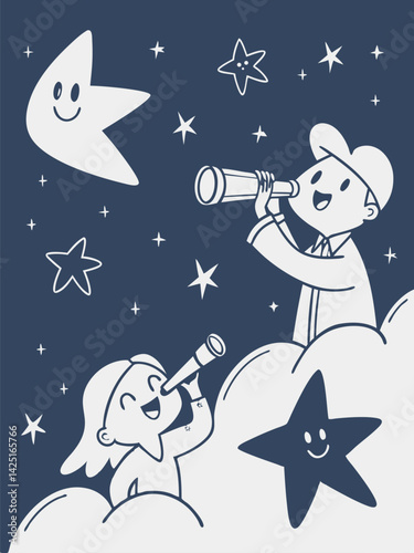 Cute Cartoon Illustration of Boy and Girl Stargazing with Telescope on Clouds Under Smiling Stars in a Night Sky