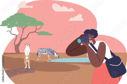 Woman enjoying safari tour vector illustration