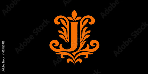 Elegant letter J design with floral elements, showcasing symmetry and a sophisticated style, set on a black backdrop.