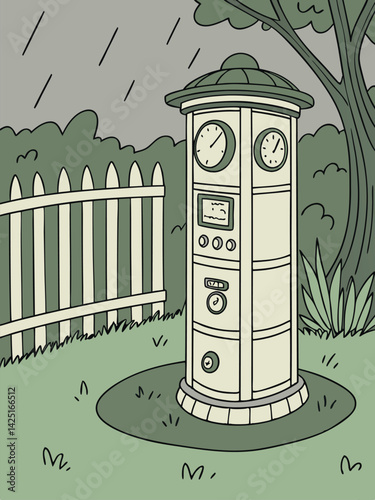 Cartoon Illustration of a Retro Weather Station in the Rain, Green Tones, Garden Scene, Picket Fence, Clocks, and Gauges.