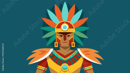 A colorful Aztec warrior costume featuring a feathered headdress chest plate and beaded accessories perfect for a historical battle reenactment.. Vector illustration