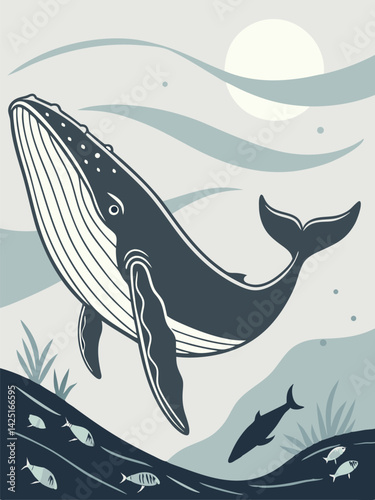 Illustration of a Majestic Humpback Whale Breaching the Ocean Surface in a Minimalist, Vintage-Style Design with Waves, Fish, and Sun.