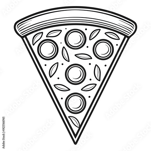 Vintage hand-drawn ink sketch of pizza slice with anchovies, olives, peppers, textured crust, engraved style, white background 