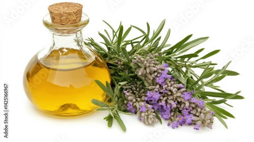 Infused Olive Oil with Fresh Herbs on White Background