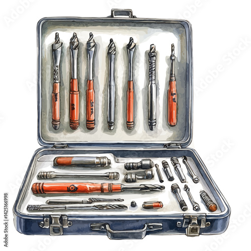 Drill bit set in a compact case, watercolor illustration, isolated on a white background.

