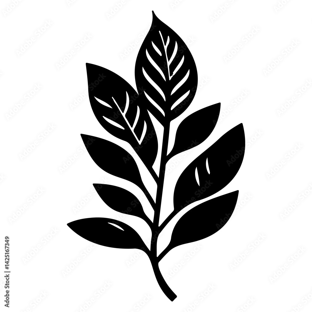 Botanical Monochrome Branch with Varied Leaf Shapes Botanical Monochrome Branch with Varied Leaf Shapes