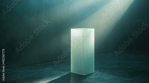 A glowing frosted glass pedestal softly illuminated by a dim, overhead spotlight