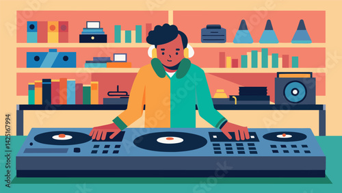 A DJ odically testing the turntables and mixers at a secondhand music equipment store looking for the perfect setup.. Vector illustration