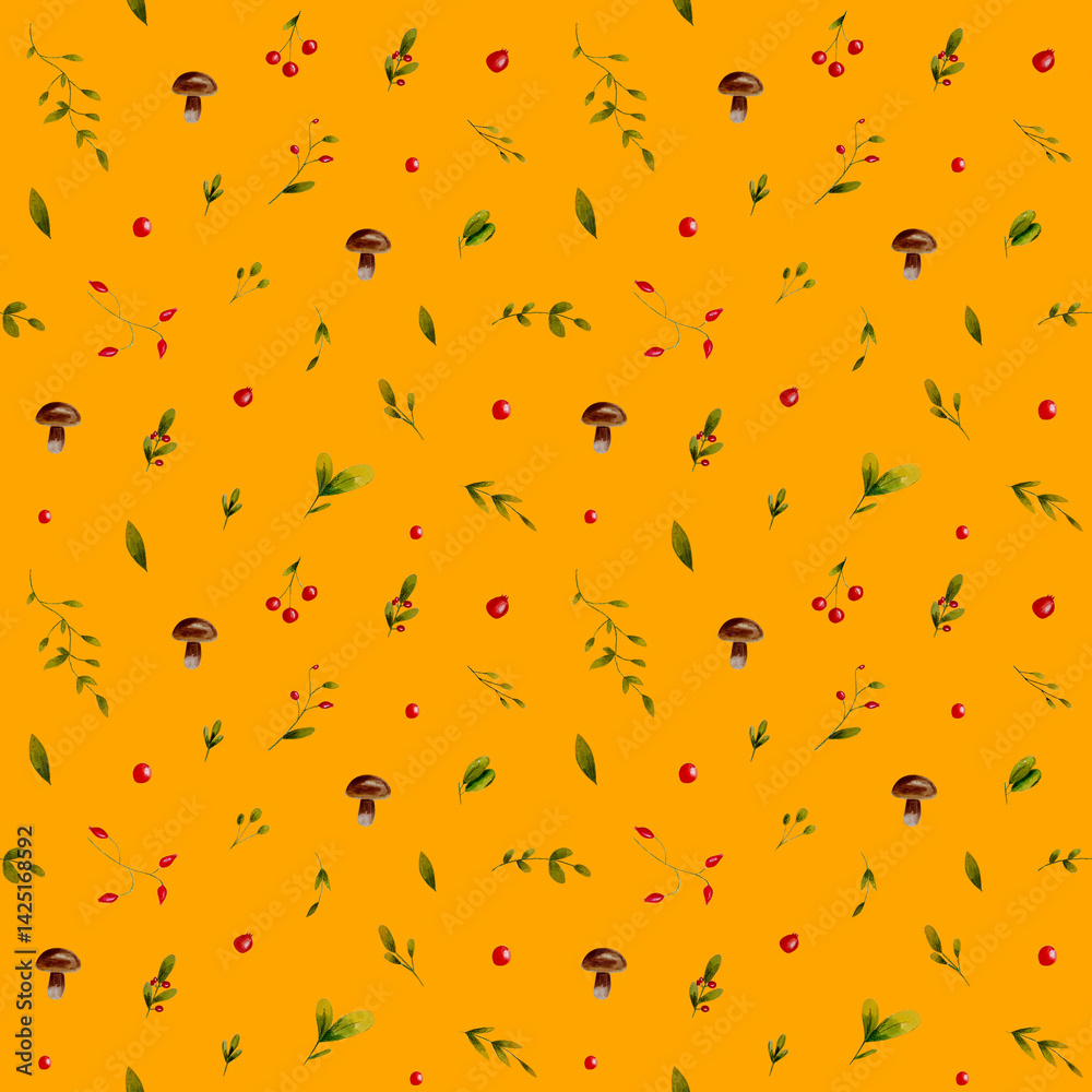 Seamless pattern with green leaves, berries, carrots, mushrooms on orange background. Perfect for wallpaper, gift wrap, pattern fill, summer greeting cards Seamless pattern with green leaves, berries, carrots, mushrooms on orange background. Perfect for wallpaper, gift wrap, pattern fill, summer greeting cards
