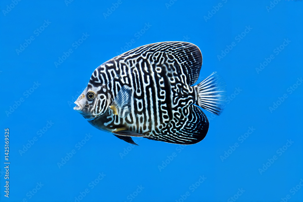 The image shows a discus fish with a distinctive black and white pattern, swimming against a blue background