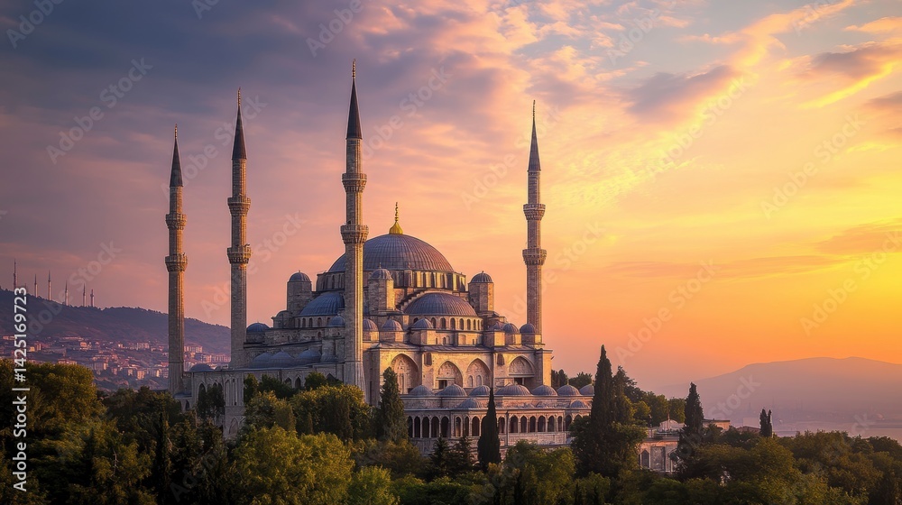 Naklejka premium Majestic mosque at sunset, showcasing stunning architecture and vibrant sky.