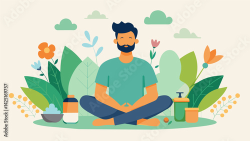 A man sitting in a peaceful garden surrounded by various herbs and flowers that he will later use to make his own herbal face toner..