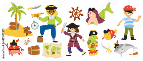 Colorful pirate adventure with treasure map, mermaid, and sea creatures.