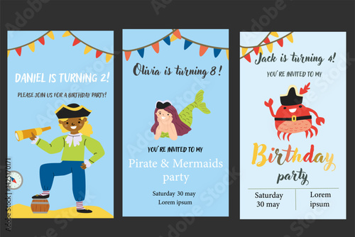 Pirate-themed birthday invitations for children with fun characters and colorful designs.