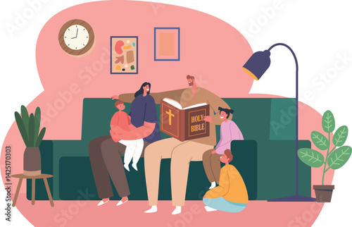 Parents and children reading bible