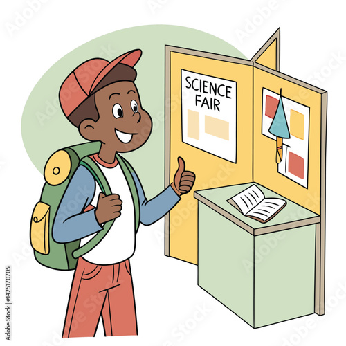 Smiling Boy at Science Fair with Backpack, Thumbs Up, Cartoon Illustration, Educational Event, School Project