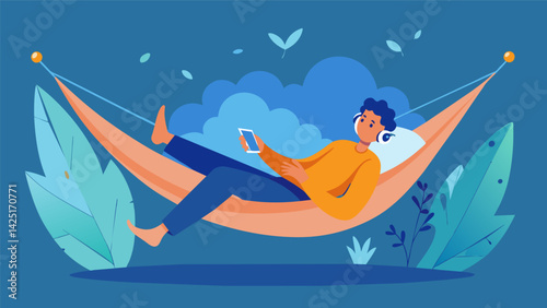 A person lying in a hammock listening to a guided meditation to relax their mind and body..