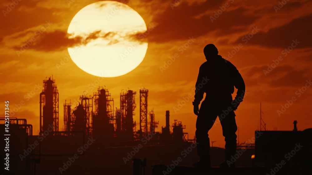 Fototapeta premium Sunset silhouette of a worker overlooking industrial landscape urban setting photography dramatic atmosphere