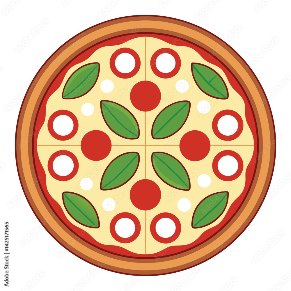 Obraz premium Realistic margherita pizza viewed from top, basil leaves arranged symmetrically, wood-fired crust with burnt spots, clean white background 