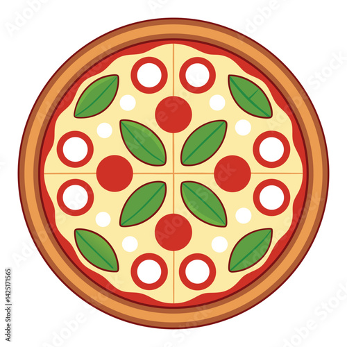 Realistic margherita pizza viewed from top, basil leaves arranged symmetrically, wood-fired crust with burnt spots, clean white background 