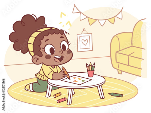 Cute Cartoon Girl Drawing with Crayons at a Table in a Cozy Room, Illustration of Child's Art Activity in a Playful Style
