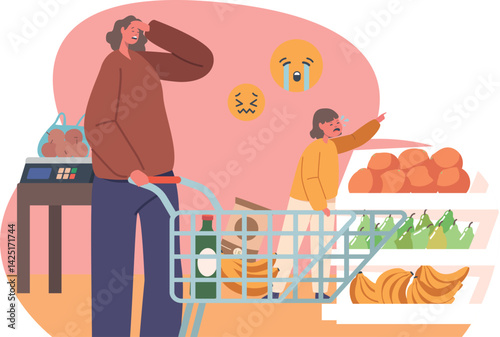 Child hysteric at supermarket vector illustration