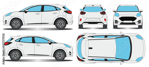 Crossover Car Vector. Side, Front, Back, Top Views Isolated Background