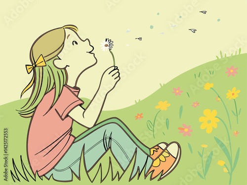 Girl Blowing Dandelion Seeds in a Meadow: Cartoon Illustration of Child in Nature, Blowing Wishes, Springtime Scene