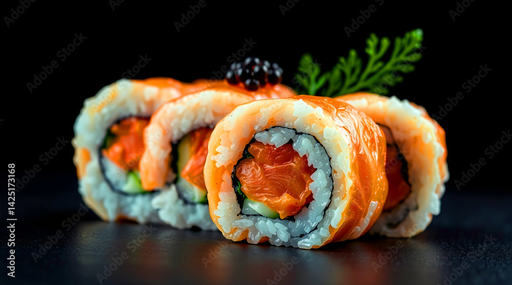 Minimalist sushi arrangement with salmon and roe on black background. AI generated Minimalist sushi arrangement with salmon and roe on black background. AI generated