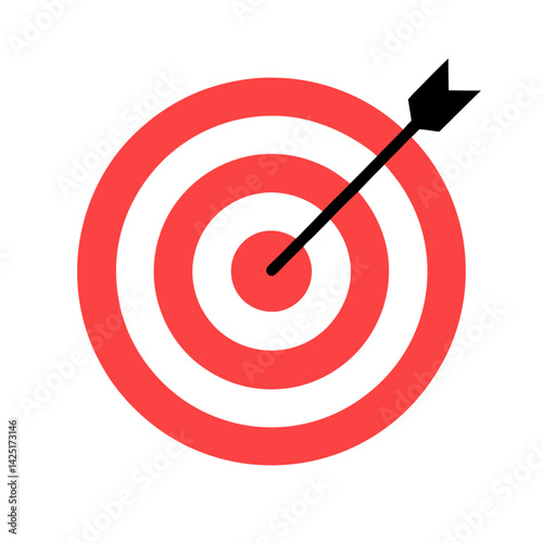 A red bullseye on the dartboard signifies business success with a direct arrow hit at the center goal in this game of accuracy and aiming