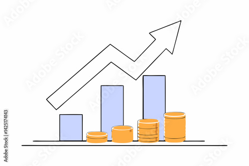 Clean vector showing a rising bar chart with an upward arrow and gold coin stacks, isolated on a white background with generous negative space below and to the left. Flat and minimalistic style